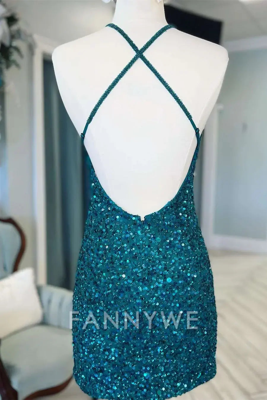 FannyWe Simple Teal Green Sequin V-Neck Cross-Back Short Homecoming Dress formal wear dresses